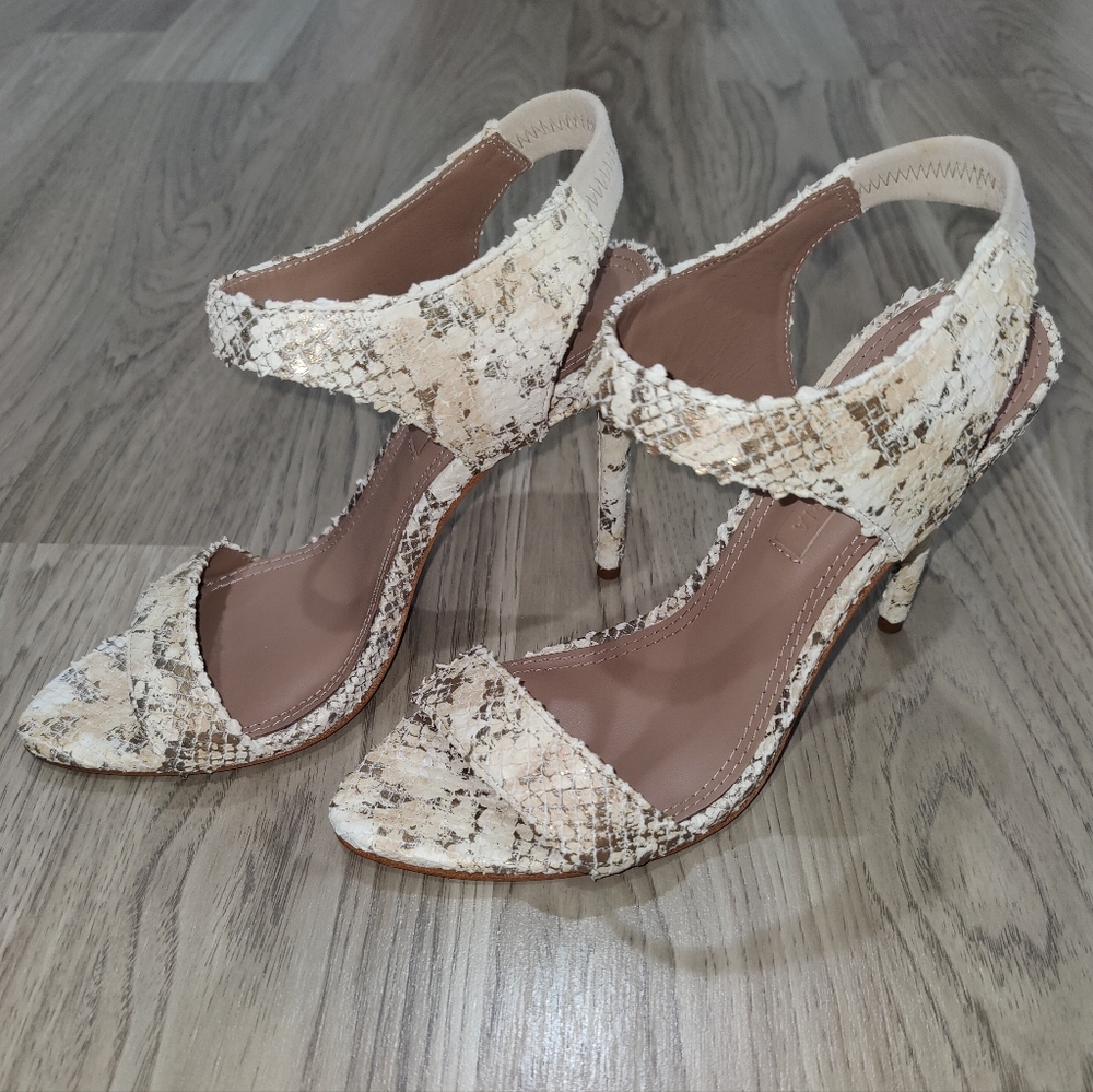 BCBGMaxAzria Tabitha Cream and Tan Snakeskin Heels